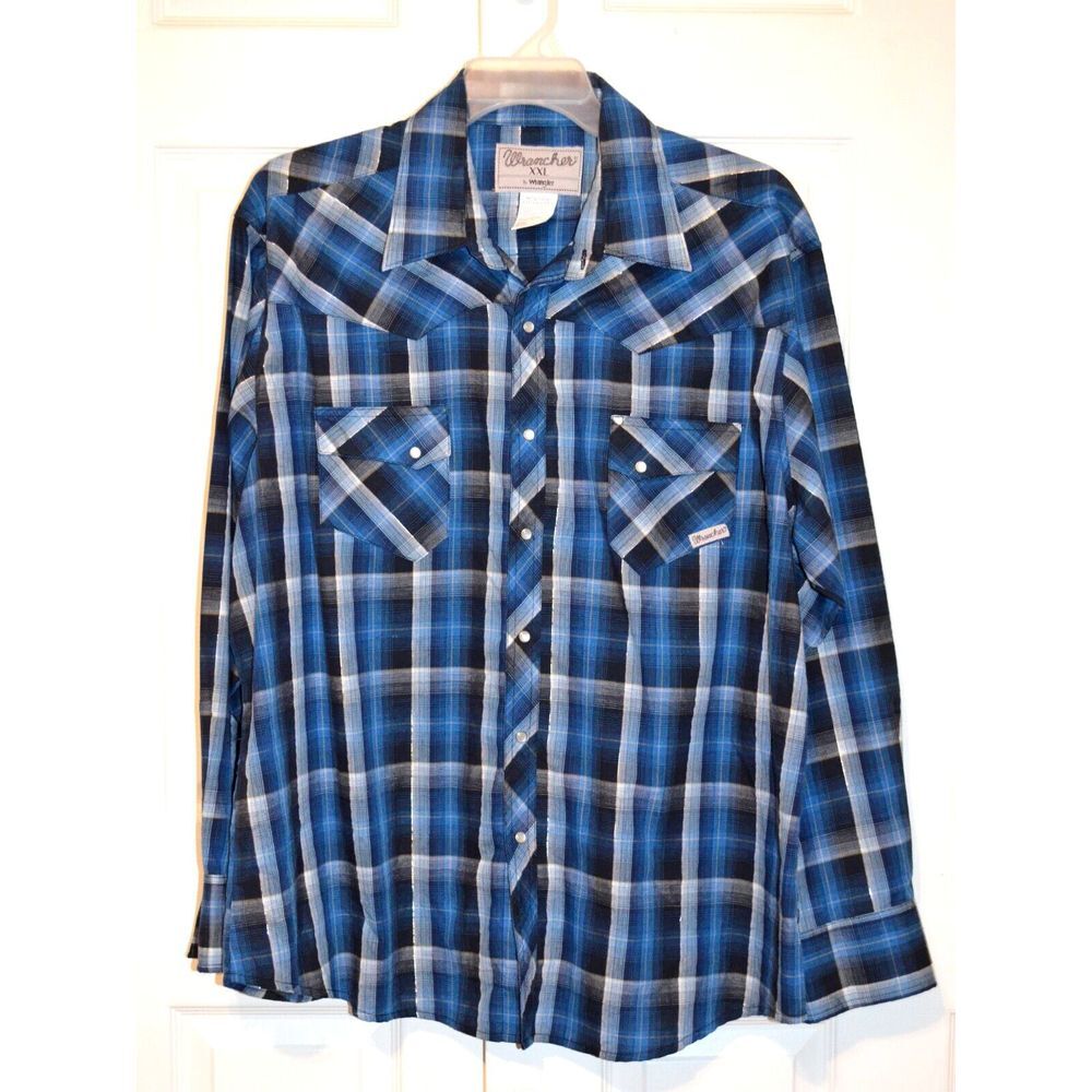 Wrangler Western Snap Front Blue Plaid Metallic Thread Long Slv Shirt Men's XXL